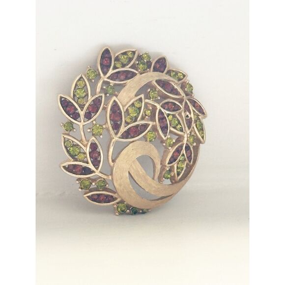 Crown Trifari Gold Tone Floral Brooch – Lime & Topaz Rhinestones 1 7/8" - Picture 2 of 5